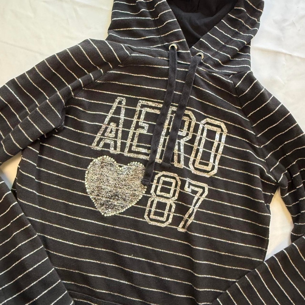 Aeropostale Vintage Striped Rhinestone Graphic Hoodie Black Silver Y2K Large - Picture 4 of 8